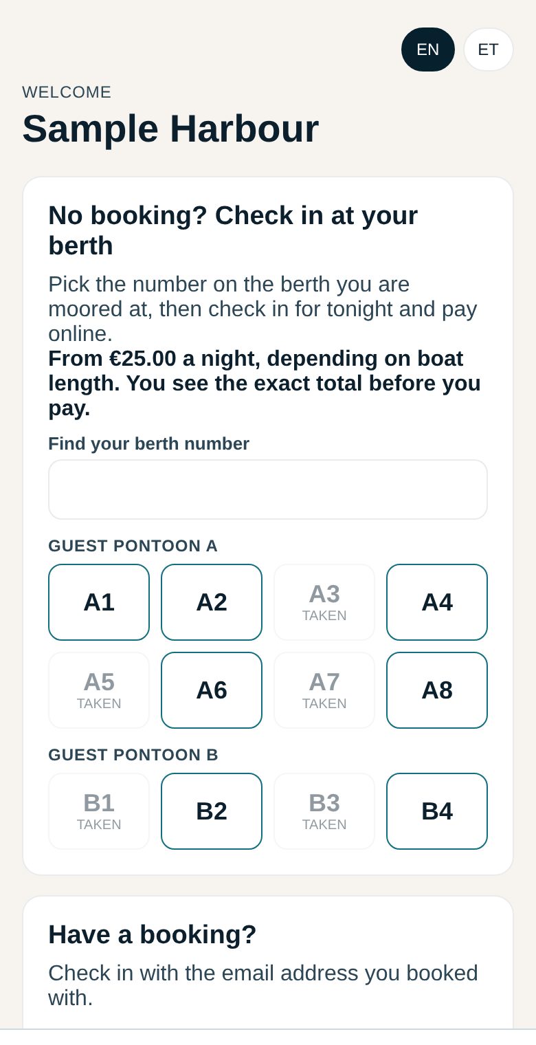 A guest's phone after scanning: free berths to pick by number, taken berths greyed out.