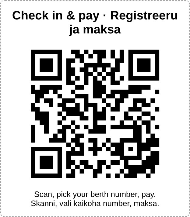 The harbour's QR sticker: Check in and pay — scan, pick your berth number, pay.